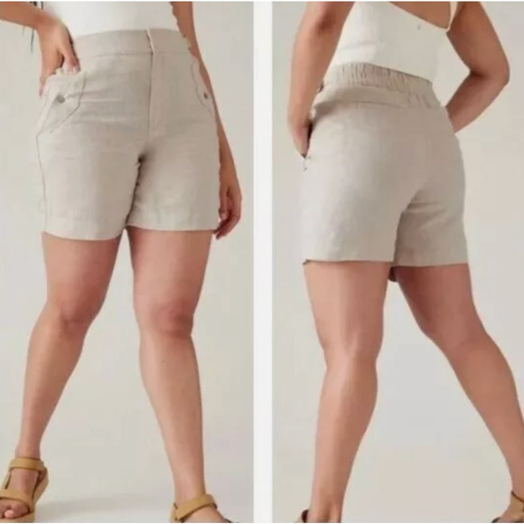 Athleta Voyager Linen High Rise Shorts Sz 22 Oatmeal Teacher Safari Modest $79 - Picture 2 of 4